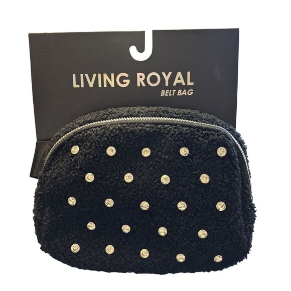 Living Royal Handbags - Living Royal Black Sherpa Rhinstones Belt Bag Adjustable Strap Zipper Closure